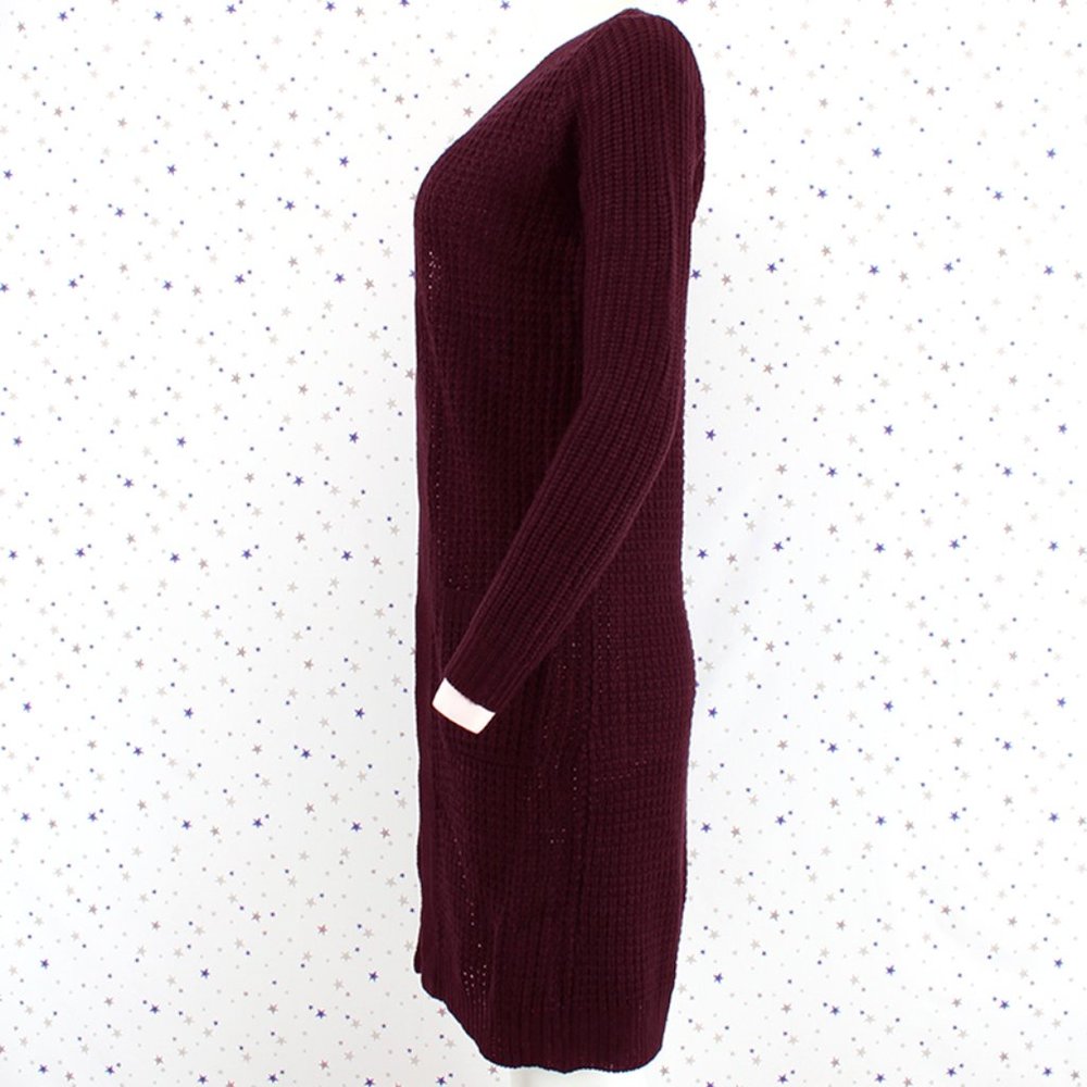 Waffle Knit Duster Long Sweater Cardigan Burgundy - Picture 3 of 7